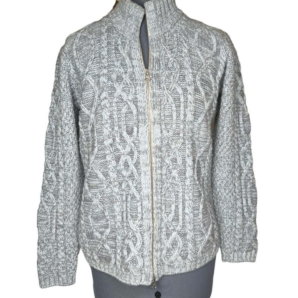 PERUVIAN CONNECTION Wool and Alpaca Cable Knit Zip Sweater